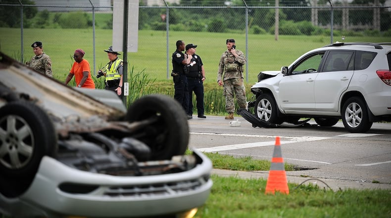 In this file photo dated June 2, 2022, a two vehicle accident shut down the intersection at Kauffman and National Road in Greene County. One person was transported to Miami Valley Hospital from the overturned vehicle.