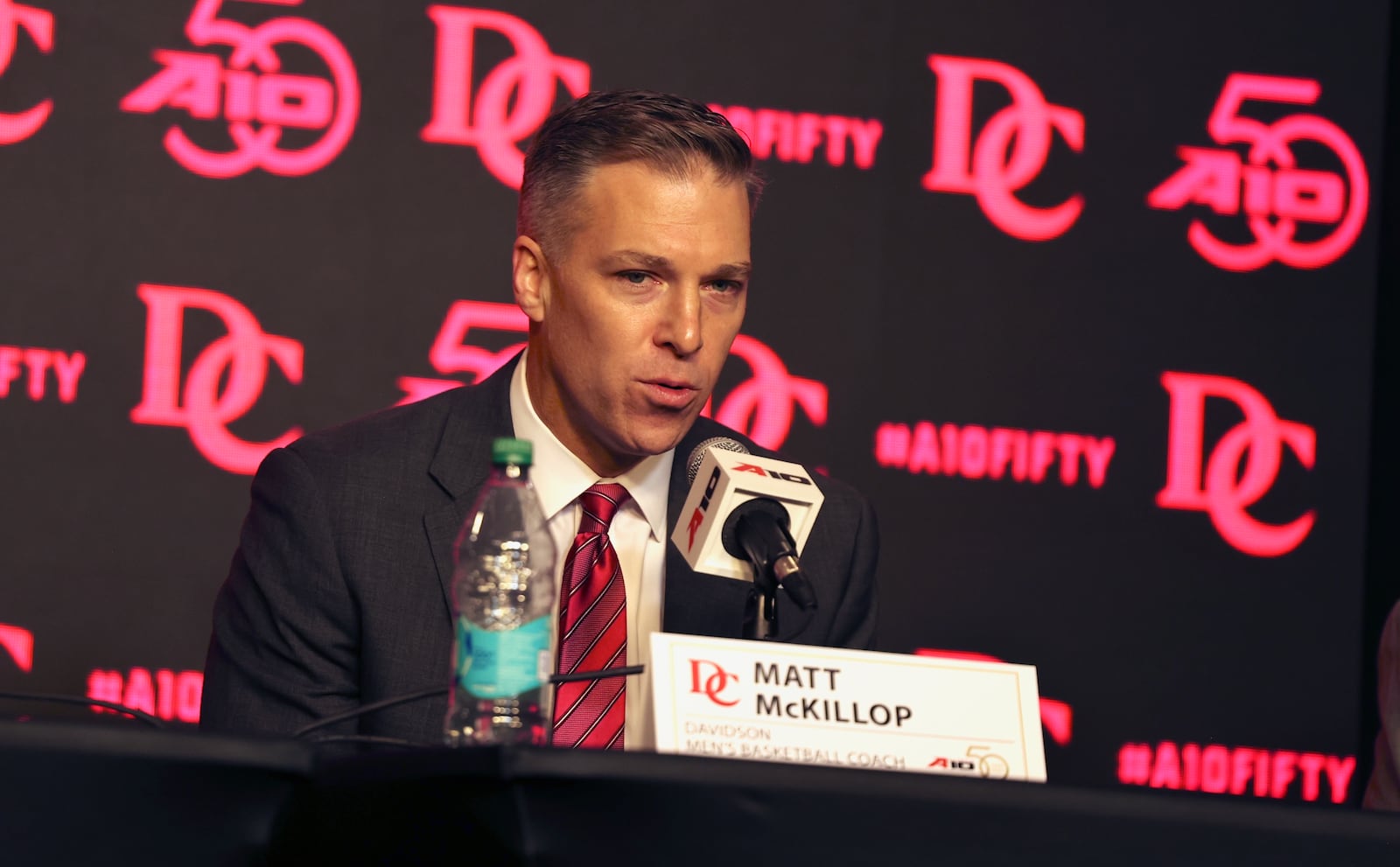 Davidson coach Matt McKillop talks at Atlantic 10 Conference Media Day on Tuesday, Sept. 30, 2025, in Pittsburgh. David Jablonski/Staff