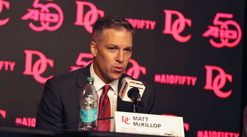 Davidson coach Matt McKillop talks at Atlantic 10 Conference Media Day on Tuesday, Sept. 30, 2025, in Pittsburgh. David Jablonski/Staff