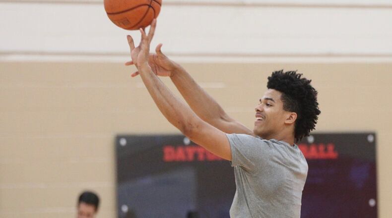 Dayton’s Frankie Policelli shoots at practice on Sept. 26, 2018, at the Cronin Center. David Jablonski/Staff