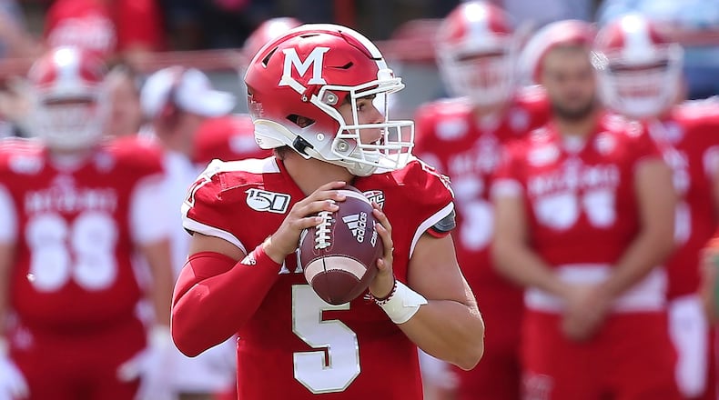 Miami RedHawks quarterback Brett Gabbert during an NCAA football game on Saturday, Sept. 7 , 2019 in Oxford. (AP Photo/Tony Tribble)