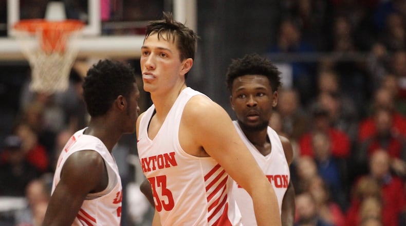 Dayton’s Ryan Mikesell gets back on defense during a game against Detroit Mercy on Tuesday, Dec. 4, 2018, at UD Arena. David Jablonski/Staff