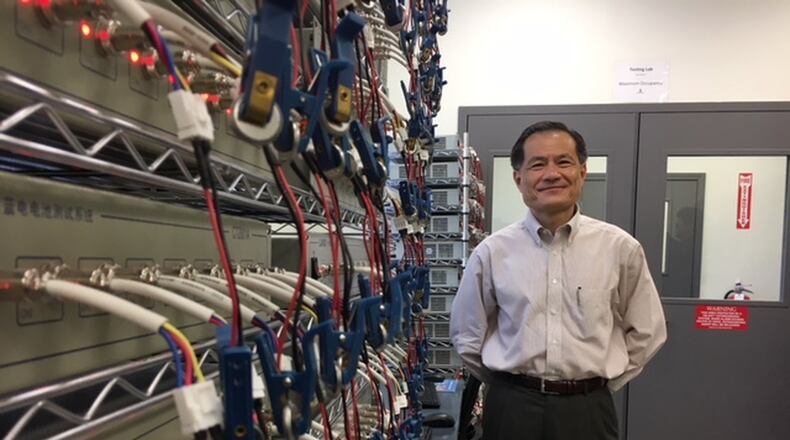 Edward Chan, executive vice president of Dayton’s Global Graphene Group, or G3, in a room set aside for battery testing. G3’s graphene material technology is getting noticed by well-known, global companies, Chan says. THOMAS GNAU/STAFF
