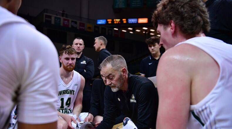 Wright State coach Scott Nagy draws up a play during a timeout in Thursday's Horizon League quarterfinal vs. NKU at the Nutter Center. Joe Craven/Wright State Athletics