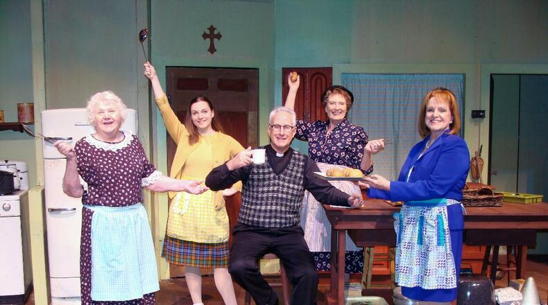 L to R: Denise Cox (Vivian), Hannah Brown (Signe), Chris Kramer (Pastor Gunderson), Claire Sherer (Mavis), and Cheryl Salzman (Karen) appear in La Comedia Dinner Theatre's production of the musical comedy "Church Basement Ladies." CONTRIBUTED/JUSTIN WALTON