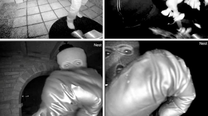 This combo from images provided by the FBI shows surveillance footage at the home of Nancy Guthrie the night she went missing in Tucson, Ariz. (FBI via AP)