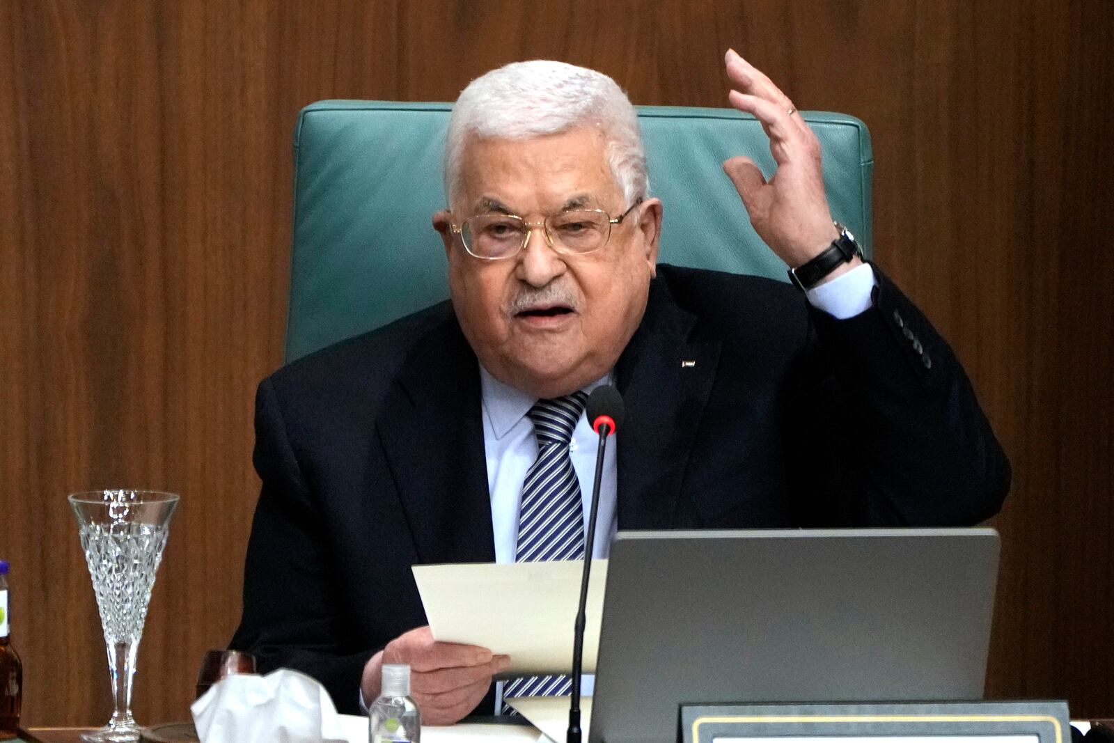 FILE - Palestinian President Mahmoud Abbas speaks during a conference at the Arab League headquarters in Cairo, Feb. 12, 2023. (AP Photo/Amr Nabil, File)