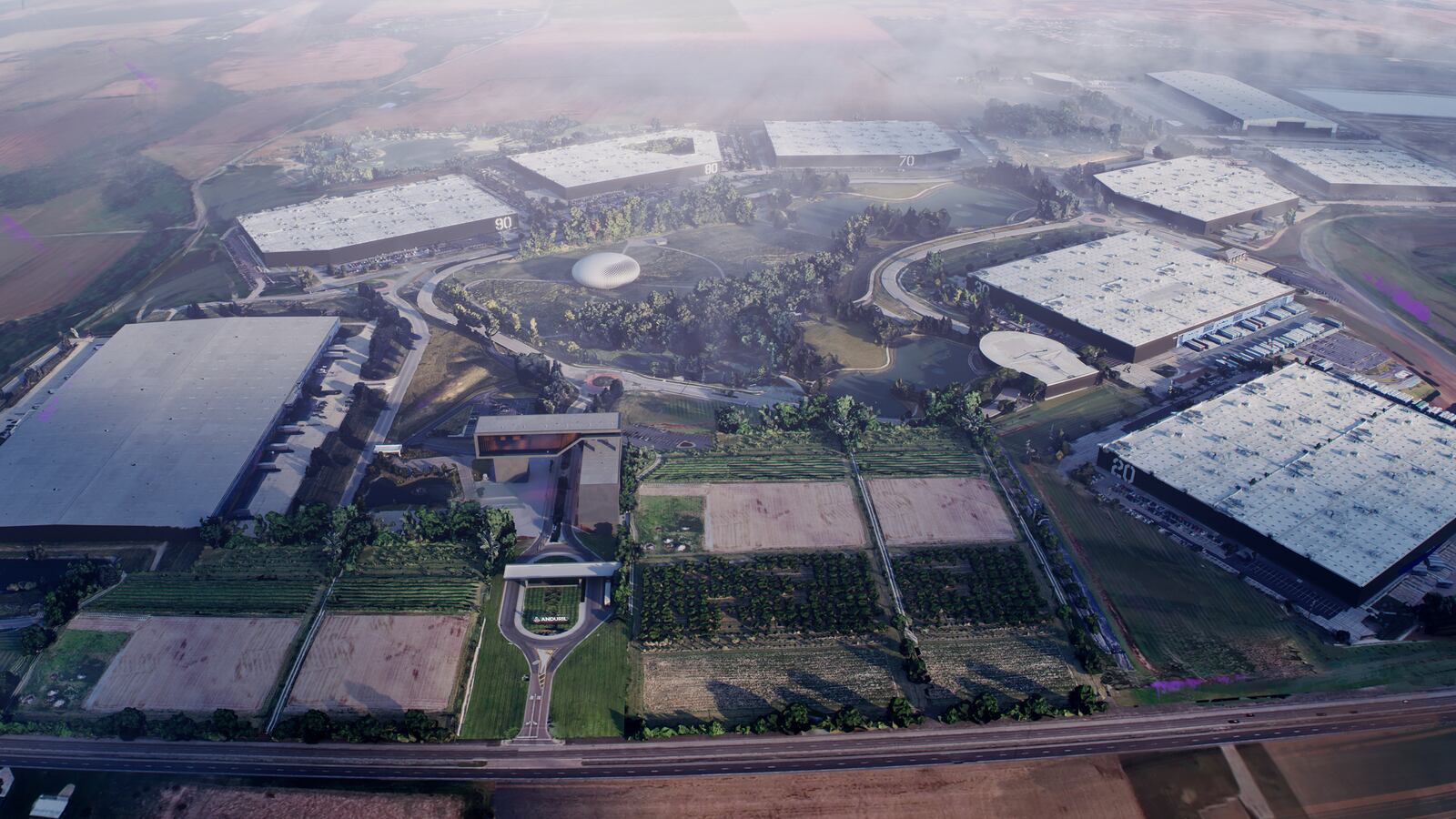 This image provided by Anduril shows a rendering of Anduril Industries manufacturing facility that will be built near Columbus, Ohio. (Anduril via AP)