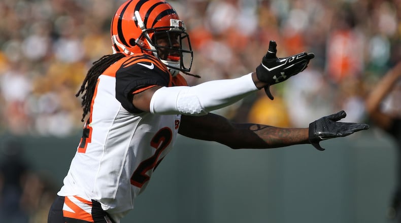 GREEN BAY, WI - SEPTEMBER 24: Adam Jones #24 of the Cincinnati Bengals reacts after a penalty during the first quarter of the game against the Green Bay Packers at Lambeau Field on September 24, 2017 in Green Bay, Wisconsin. (Photo by Dylan Buell/Getty Images)