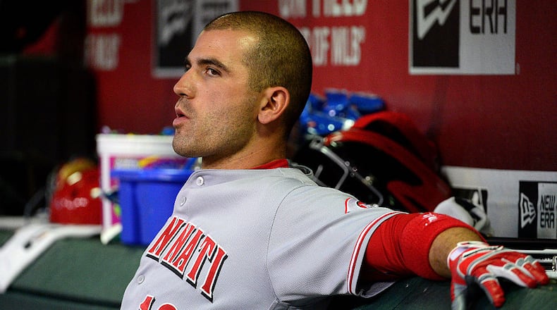 PHOENIX, AZ - AUGUST 26: Joey Votto #19 of the Cincinnati Reds sits in the dugout during the game against the Arizona Diamondbacks at Chase Field on August 26, 2016 in Phoenix, Arizona. (Photo by Jennifer Stewart/Getty Images)