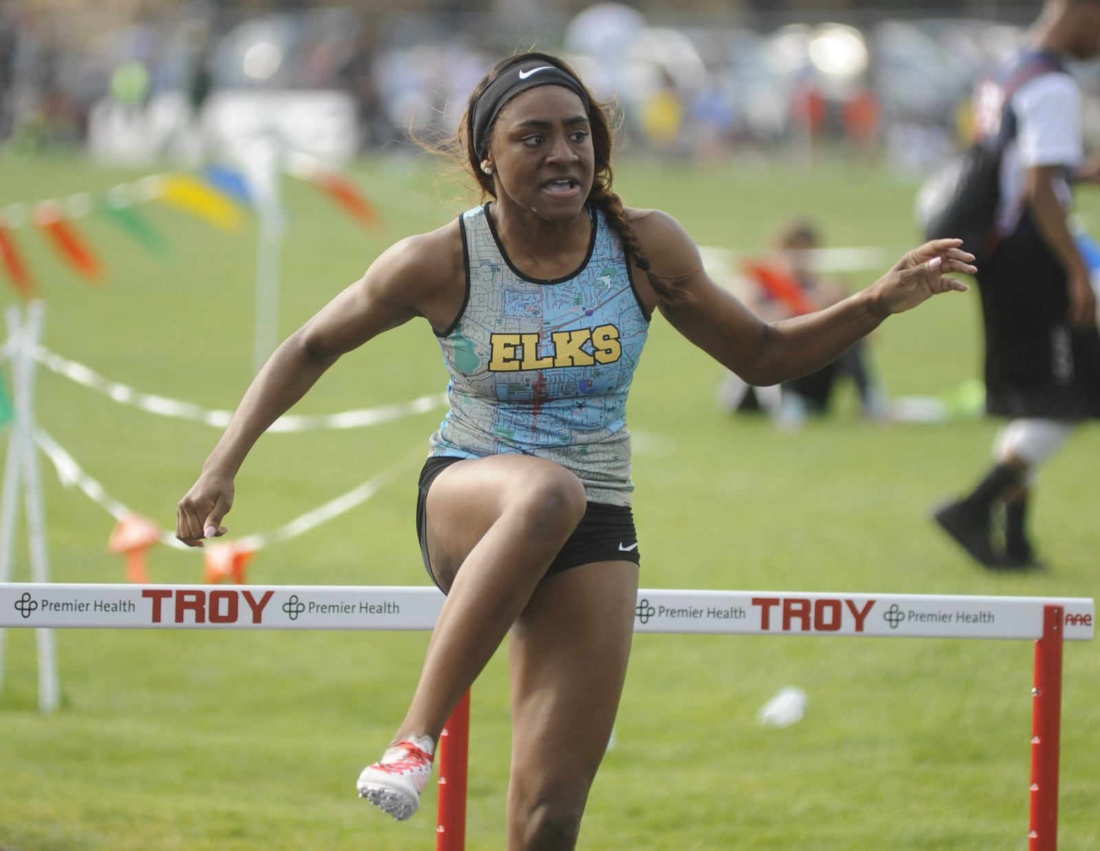 Centerville 300 hurdler Kennedy Coker during the first day of the GWOC track and field championships at Troy’s Memorial Stadium on Wednesday, May 10, 2017. MARC PENDLETON / STAFF