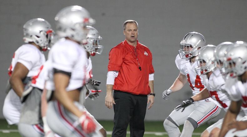 Ohio State linebackers coach Bill Davis works at practice on Tuesday, March 21, 2017, at the Woody Hayes Athletic Center in Columbus. David Jablonski/Staff