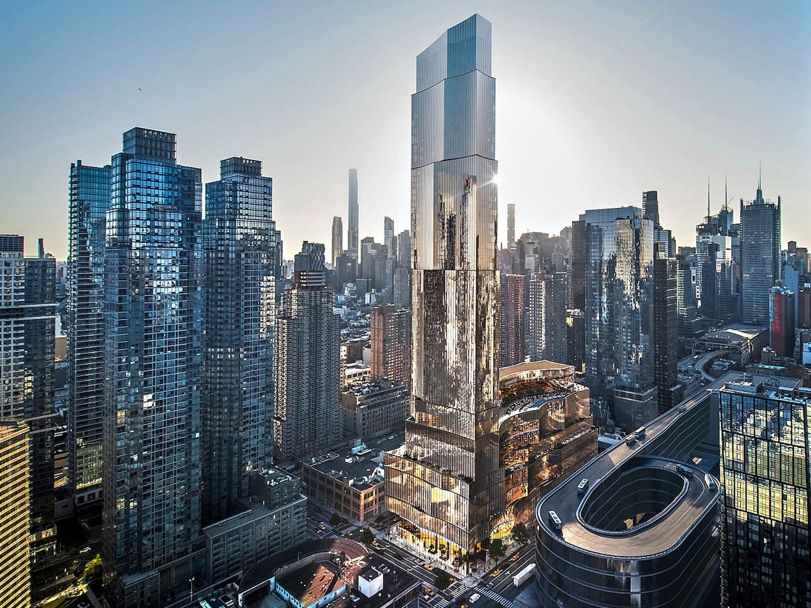 This rendering image provided by Silverstone Properties shows the proposed $7-billion Avenir casino for the West Side of Manhattan, near the Jacob K. Javits Convention Center and the Lincoln Tunnel that carries drivers under the Hudson River to New Jersey. (Silverstone Properties via AP)