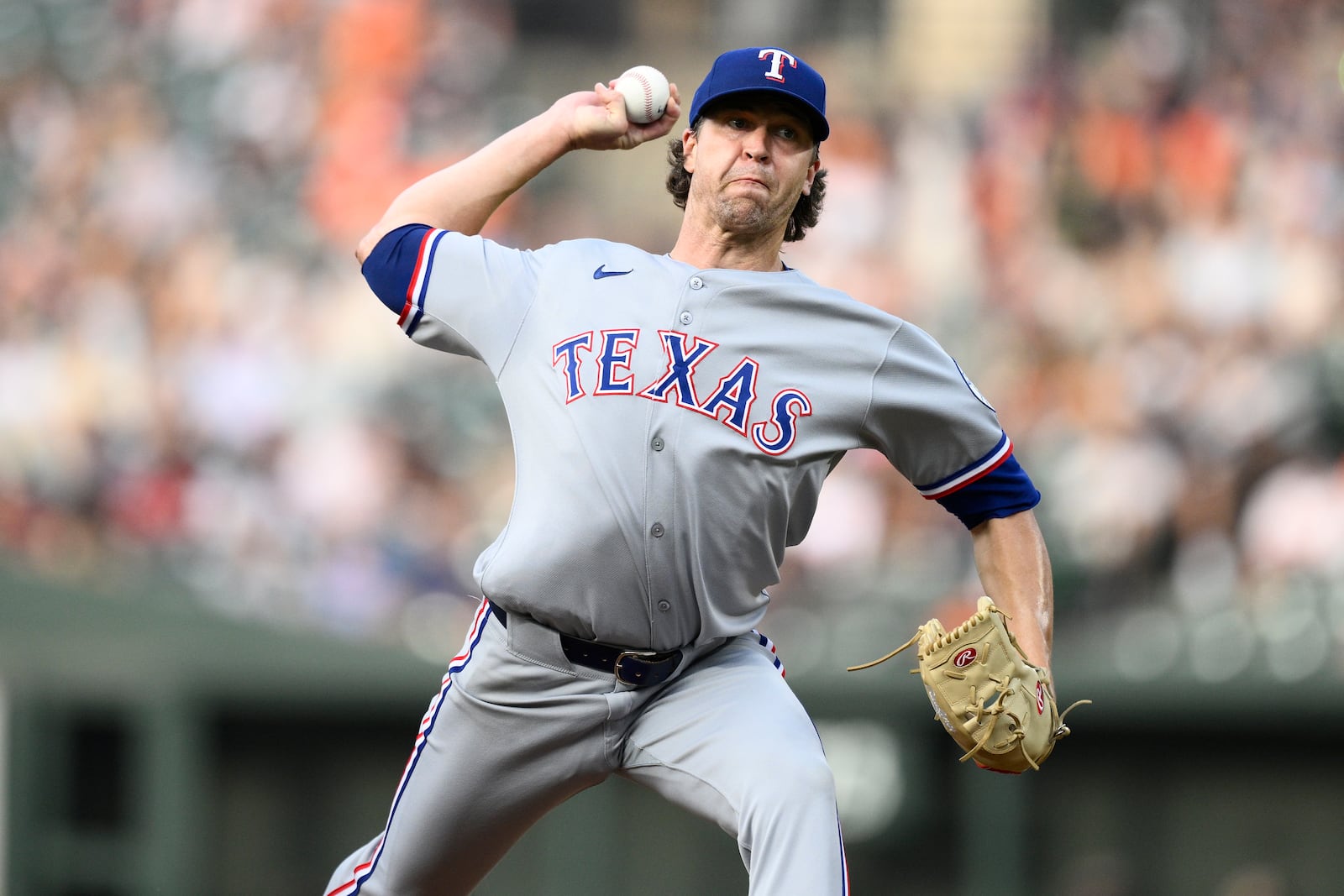 Texas Rangers starting pitcher Jacob deGrom throws during the first inning of a baseball game against the Baltimore Orioles, Wednesday, June 25, 2025, in Baltimore. (AP Photo/Nick Wass)