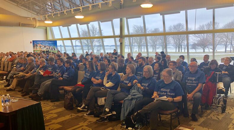 Dozens of members of Wright State University’s faculty union showed up for a board of trustees meeting at the school’s Lake Campus on Friday. The union and administration are locked into an heated, ongoing contract negotiations.