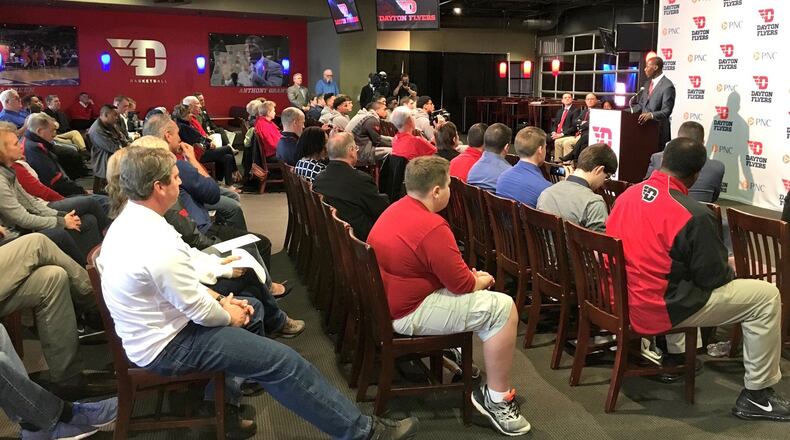Dayton’s Anthony Grant speaks at his introductory press conference on Saturday, April 1, 2017, at UD Arena. David Jablonski/Staff