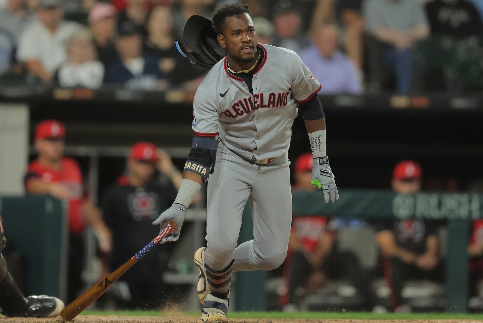 Cleveland Guardians' Angel Martínez watches his hit during the seventh inning in the second baseball game of a doubleheader against the Chicago White Sox, Friday, July 11, 2025, in Chicago. (AP Photo/Melissa Tamez)
