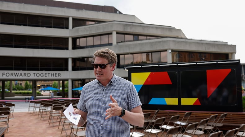 Kevin Rose, executive director of the Hartman Rock Garden, speaks about new public art installations being unveiled by Springfield Public Art on Friday, June 6, 2025, at City Hall Plaza. JOSEPH COOKE/STAFF