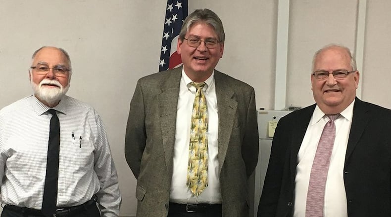 Air Force Research Laboratory and the Antelope Valley College District Board of Trustees signed an Educational Partnership Agreement Feb 10. Edward Knudsen (right), president of Antelope Valley College, signed the agreement. AFRL Education Outreach Manager at the Rocket Propulsion Division Kriss Vanderhyde and Vice President of Academic Affairs Dr. Leslie Uhazy (left) all collaborated after the board meeting. (Courtesy photo)