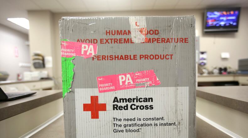Blood is cooled in a transportation case at The American Red Cross donation center in Scranton, Pa., on Monday, March 9, 2020. (Jake Danna Stevens/The Times-Tribune via AP)