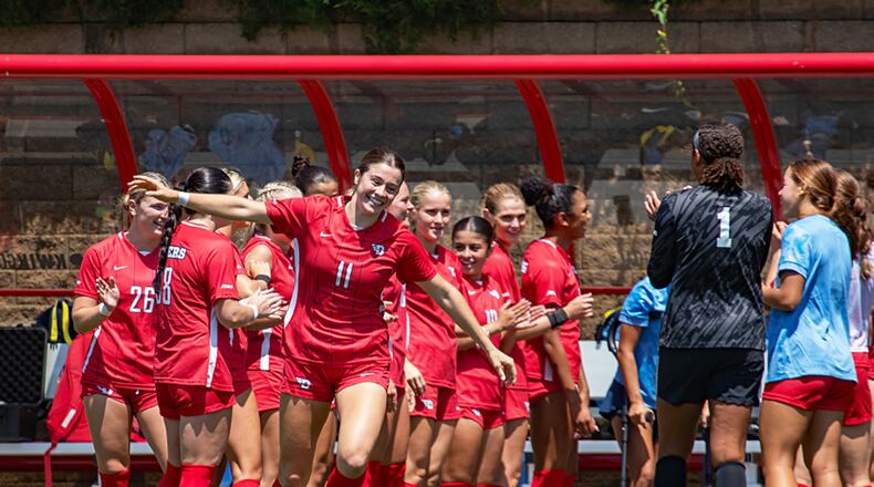 Dayton's Liv Grenda takes the field before an exhibition game against Michigan on Sunday, Aug. 3, 2025, at Baujan Field. Photo courtesy of Dayton Athletics