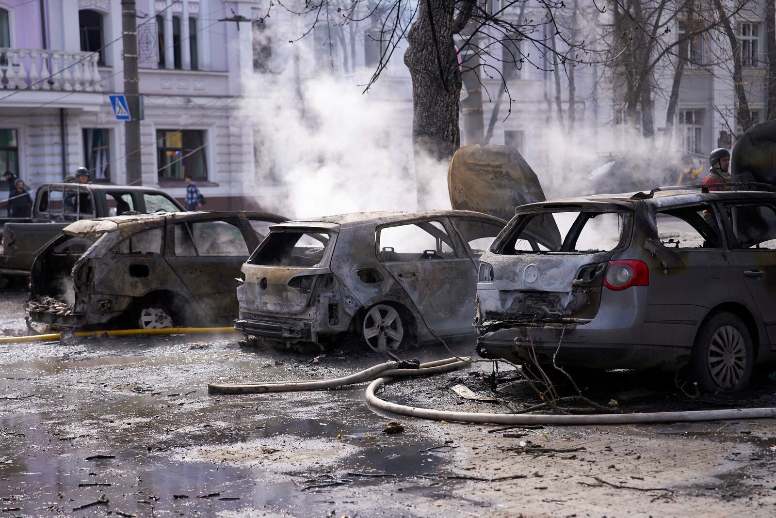 The city center in the aftermath of the Russia's missile attack that killed at least 21 civilians in Sumy, Ukraine, Sunday, April 13, 2025. (AP Photo)