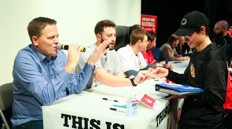 The North Tour of the Cincinnati Reds Caravan made a stop at Parrish Auditorium at Miami-Hamilton University, Saturday, Jan. 30, 2016. Representing the Reds were broadcasters Thom Brennaman and Jim Day, catcher Devin Mesoraco, minor league pitcher Cody Reed, former Reds catcher Corky Miller, President of Baseball Operations Walt Jocketty, Chief Operating Officer Phil Castellini and mascot Mr. Redlegs. GREG LYNCH / STAFF