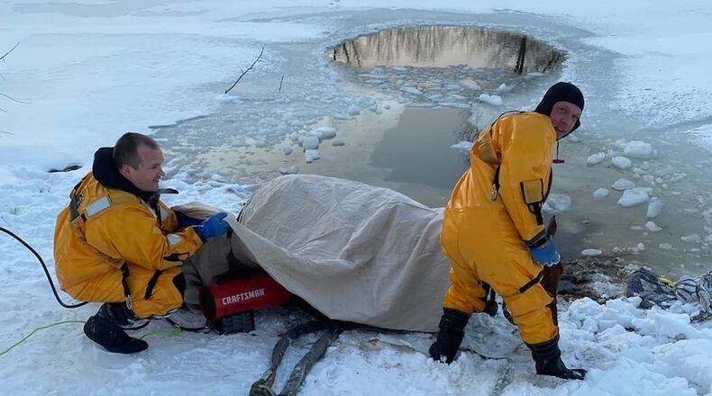 Beavercreek Twp. fire crews rescued a horse Friday evening, Feb. 19, 2021, that fell into a pond.
