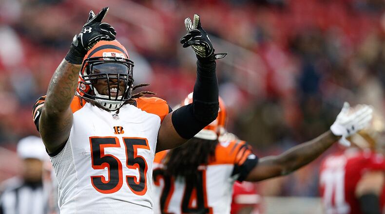 SANTA CLARA, CA - DECEMBER 20: Vontaze Burfict #55 of the Cincinnati Bengals reacts after a play during their NFL game against the San Francisco 49ers at Levi’s Stadium on December 20, 2015 in Santa Clara, California. (Photo by Ezra Shaw/Getty Images)