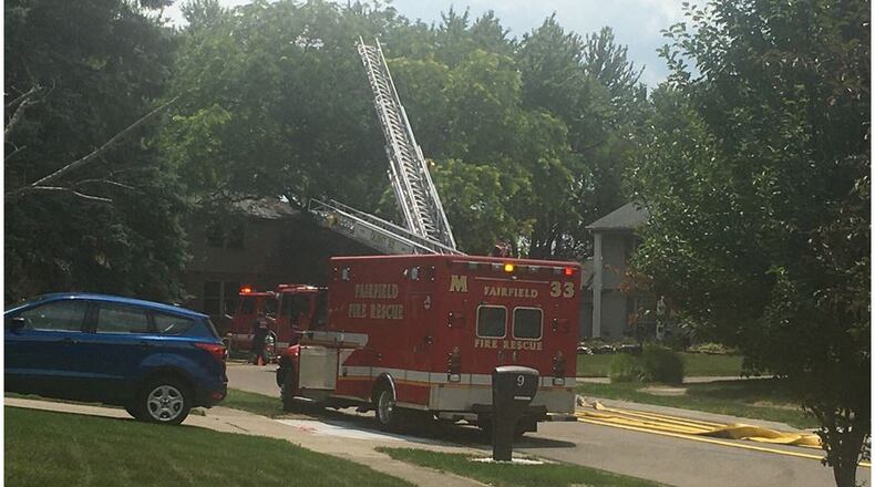 Firefighters from Fairfield, Hamilton, Springdale and Colerain Twp. were summoned to a house fire Sunday afternoon on Peachtree Court in Fairfield. No injuries were reported and no one was home at the time of the blaze that caused “substantial damage.” AMY BURZYNSKI/STAFF