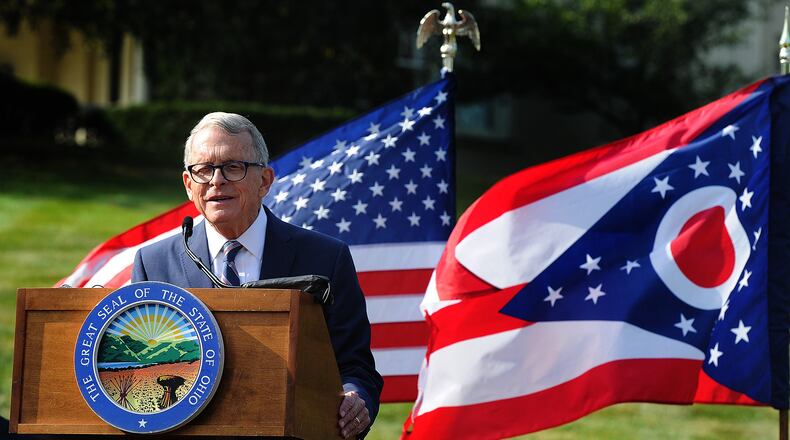 Ohio Gov. Mike DeWine talks about Joby Aviation Inc. at Hawthorn Hill, the home of Orville Wright in Oakwood, to announce Monday, Sept. 18, 2023, the company's pledge to bring thousands of jobs to the region at through a facility near Dayton International Airport that specializes in the production of "flying cars." MARSHALL GORBY\STAFF