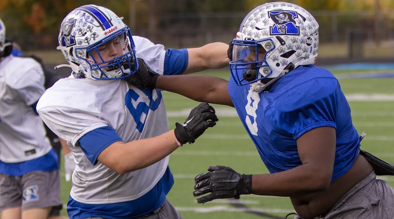 Xenia defensive lineman Jamell Smith (9) was ready to practice Tuesday from the time he woke up. Smith leads the defense with 6.5 sacks and 23.5 tackles for loss. CONTRIBUTED/Jeff Gilbert