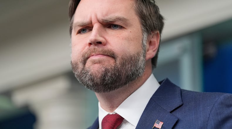 Vice President JD Vance takes questions from reporters in the James Brady Press Briefing Room at the White House, Thursday, Jan. 8, 2026, in Washington. (AP Photo/Alex Brandon)