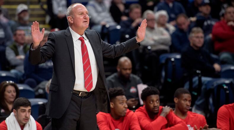 Ohio State coach Thad Matta yells to his players during the team’s NCAA college game against Penn State on Tuesday, Feb. 28, 2017, in State College, Pa. (Abby Drey/Centre Daily Times via AP)