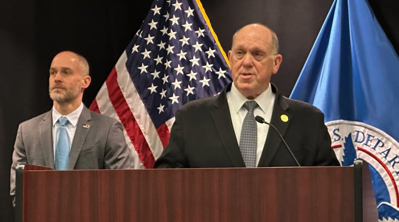 White House border czar Tom Homan holds a news conference at the Bishop Whipple Federal building on Thursday, Feb. 12, 2026 in Minneapolis. (AP Photo/Scott McFetridge)
