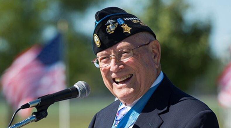 Medal of Honor recipient Hershel ‘Woody’ Williams provides remarks as the featured speaker during the groundbreaking ceremony for a new Gold Star Family Memorial at the National Museum of the U.S. Air Force, Wright-Patterson Air Force Base, Sept. 28. The crowd also heard remarks from Gold Star parents Jim and Leslie Groves in addition to others during the ceremony. (U.S. Air Force photo/Wesley Farnsworth)