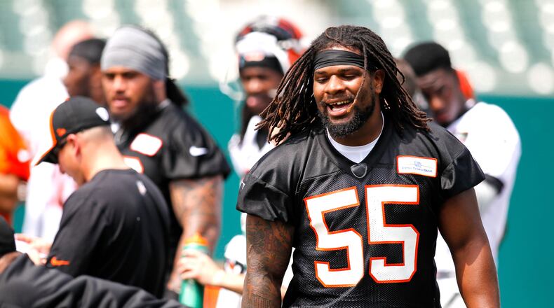 Cincinnati Bengals linebacker Vontaze Burfict (55) socializes during Organized Team Activities at Paul Brown Stadium Tuesday, May 27, 2014, in Cincinnati. NICK DAGGY / STAFF