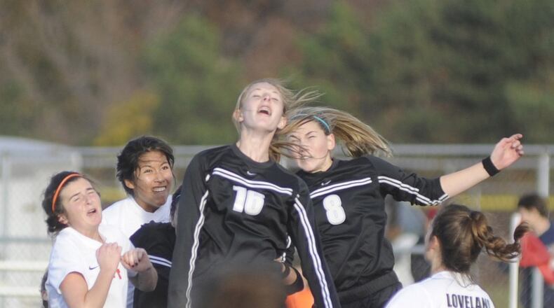 Springboro’s Paige Elliott (16) and Kam Davis (8) are key returnees. Springboro lost 1-0 to Loveland in a girls high school soccer D-II regional final at Lakota East last season. MARC PENDLETON / STAFF