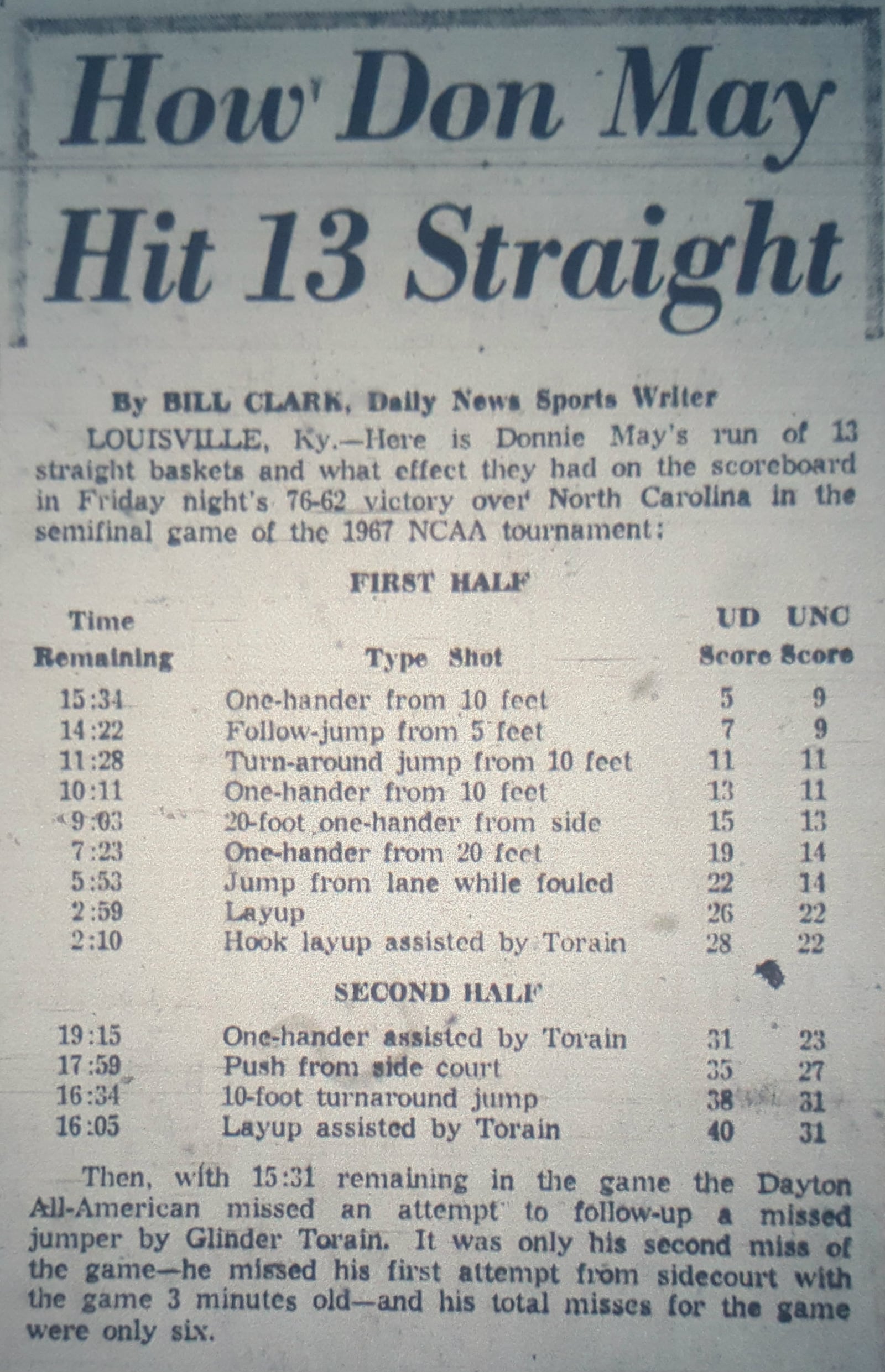 The Dayton Daily News printed a rundown of the 13 straight shots Don May made in a 1967 NCAA tournament national semifinal game against North Carolina.