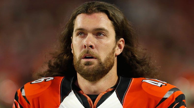 GLENDALE, AZ - NOVEMBER 22: Long snapper Clark Harris #46 of the Cincinnati Bengals on the sidelines during the NFL game against the Arizona Cardinals at the University of Phoenix Stadium on November 22, 2015 in Glendale, Arizona. (Photo by Christian Petersen/Getty Images)