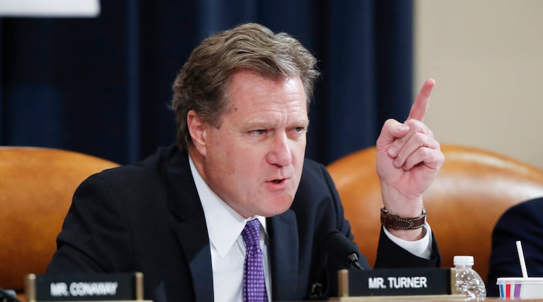FILE - Rep. Mike Turner, R-Ohio, speaks during a House Intelligence Committee hearing on Capitol Hill in Washington, Nov. 20, 2019. Turner says he has information about a serious national security threat and urges the administration to declassify the information so the U.S. and its allies can openly discuss how to respond. Turner, a Republican from Ohio, gave no details about the threat in his statement. (AP Photo/Alex Brandon, File)