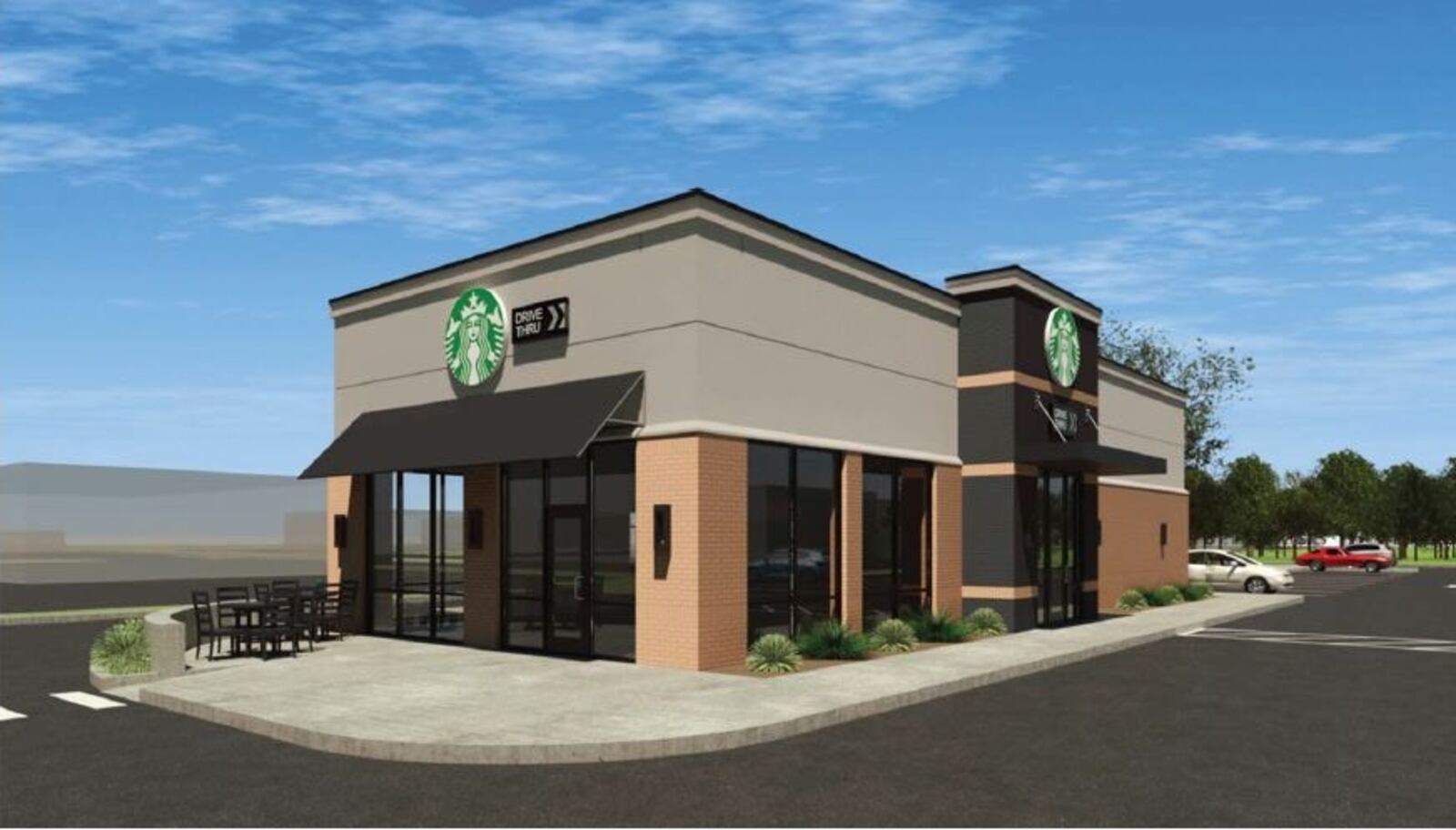 An artist's rendering of the proposed Starbucks coming to Huber Heights, submitted to the city as part of an application for zoning approval. Huber Heights City Council approved the project Dec. 2, 2019.