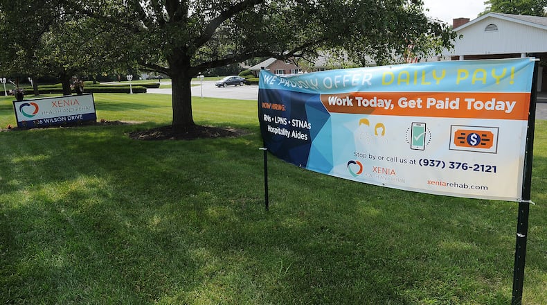 A long term care facility in Xenia this summer advertised for workers. Many Ohio facilities have struggled with staffing amid the omicron surge, with many workers isolating or quarantining at home.  FILE