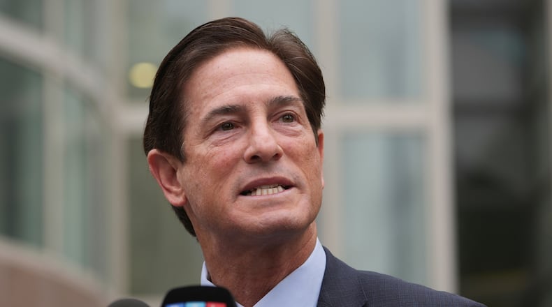 FILE - Los Angeles County District Attorney Nathan Hochman speaks outside of the courthouse in Los Angeles, April 17, 2025. (AP Photo/Damian Dovarganes, File)