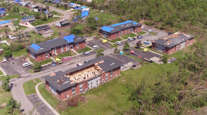 Buildings at Westbrooke Village, an apartment complex in Trotwood, are seen just after taking a hit by a tornado in May 2019. TY GREENLEES / STAFF