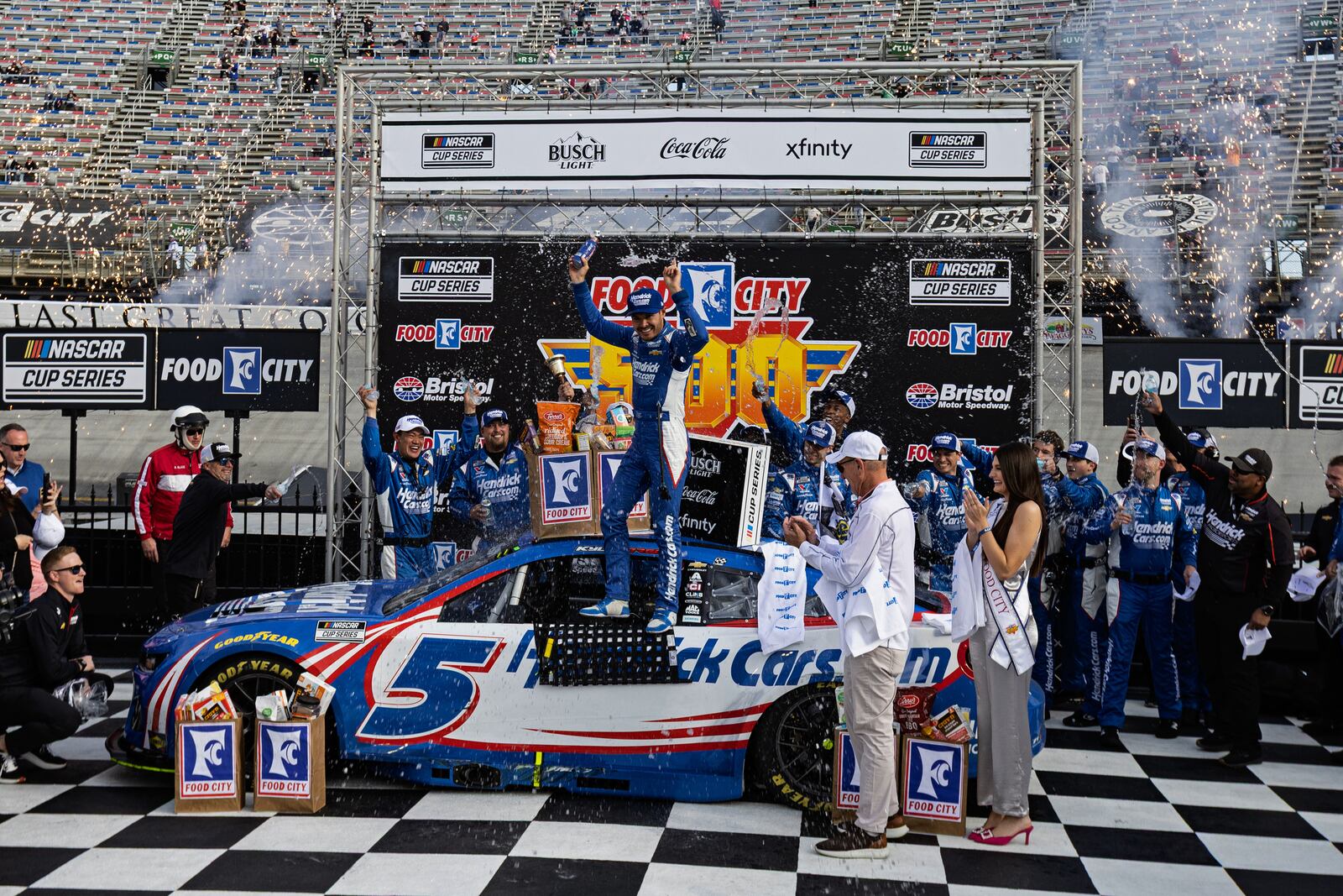 Kyle Larson celebrates after winning a NASCAR Cup Series auto race, Sunday, April 13, 2025, in Bristol, Tenn. (AP Photo/Wade Payne)