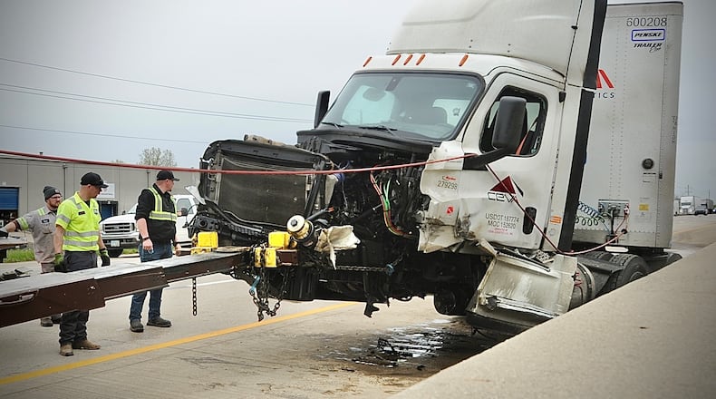 A crash involing multiple vehicles, including a semi truck, was reported on Tuesday, April 23, 2024, on Interstate 70 West near state Route 201 and Brandt Pike in Huber Height. STAFF / MARSHALL GORBY.