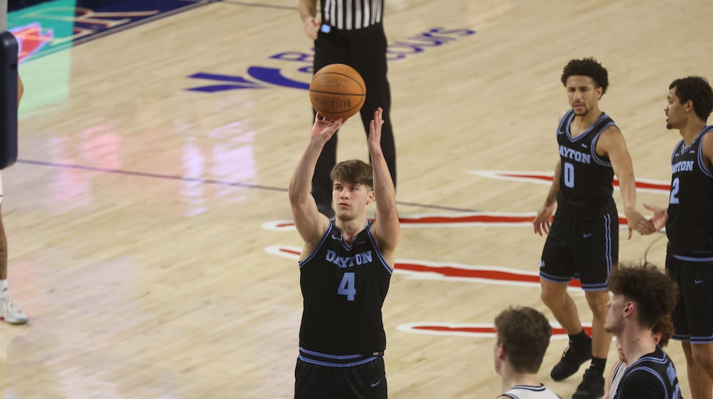 Dayton's Jordan Derkack shoots a free throw against Richmond on Tuesday, March 3, 2026, at the Robins Center in Richmond, Va. David Jablonski/Staff