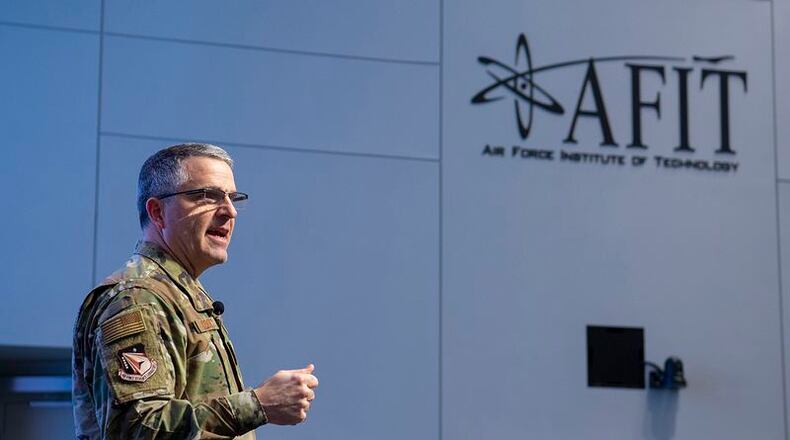 Maj. Gen. William Cooley, who was removed as Air Force Research Laboratory commander in January 2020, gave the keynote presentation at the Air Force Institute of Technology centennial symposium on Wright-Patterson Air Force Base in November 2019. (U.S. Air Force photo by R.J. Oriez)