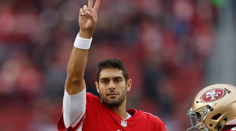 San Francisco 49ers quarterback Jimmy Garoppolo (10) waves to the crowd before a game against the Jacksonville Jaguars at Levi's Stadium in Santa Clara, Calif., on December 24, 2017. (Nhat V. Meyer/Bay Area News Group/TNS)